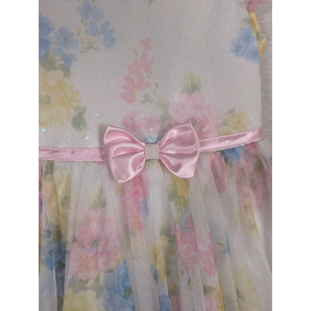 Jona Michelle Party Dress Girl's Size 7 White Floral Sequin Tiered Tulle Bow